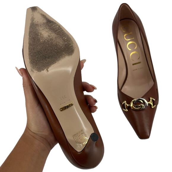 GUCCI Zumi 75 Pumps Brown Leather High Heel Slip On G Logo Buckle Size 9.5 - Picture 7 of 9